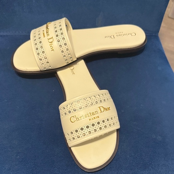 Dior Cream and Gold Slide Sandals - Picture 1 of 10